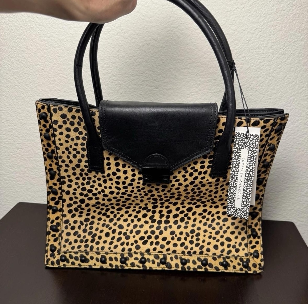 Loeffler Randall Satchel Bag Womens Medium Cheetah Haircalf Leather Studded